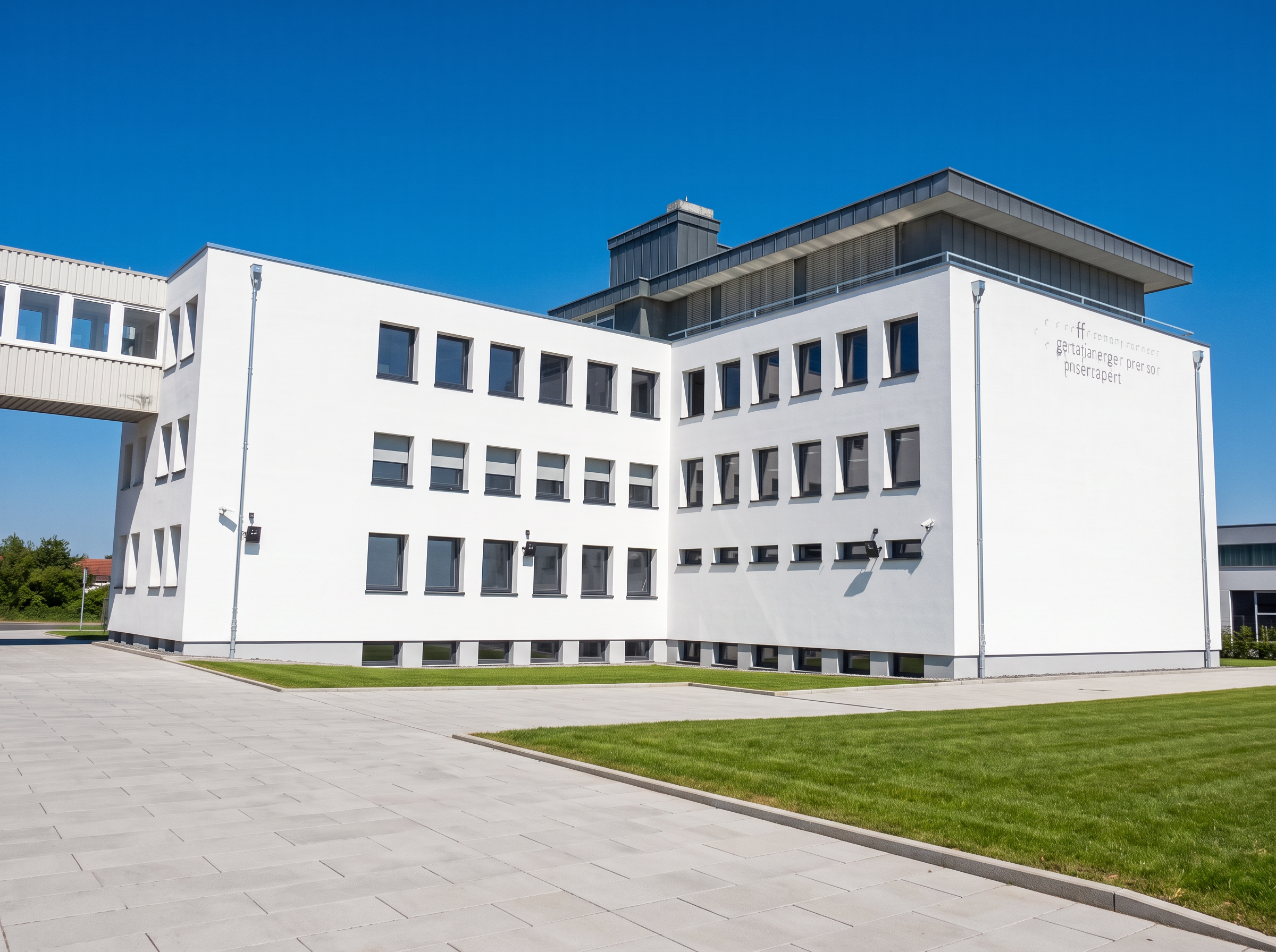 Weißer Büroneubau mit dreigeschossiger Fassade und Staffelgeschoss
