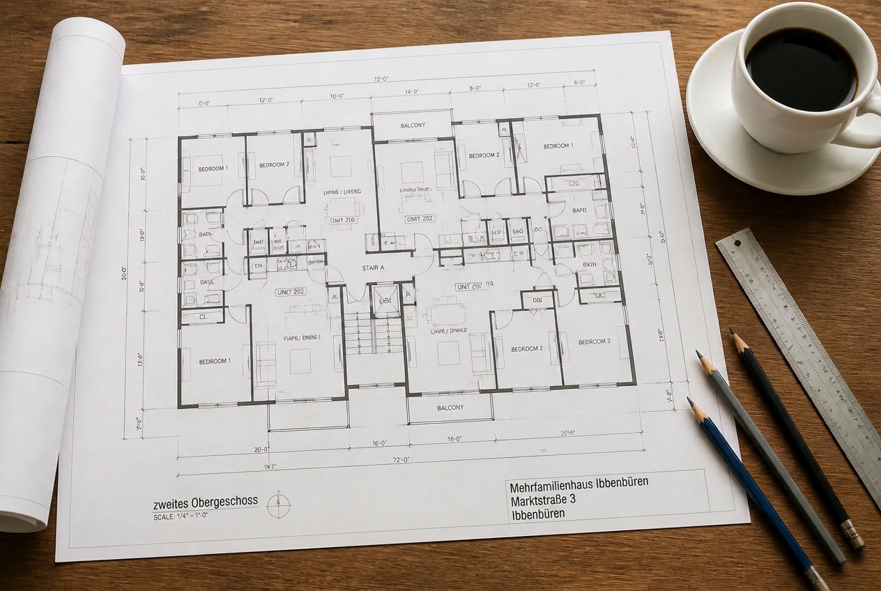 Architektenplan eines Mehrfamilienhauses mit Planrolle, Lineal, Stiften und Kaffeetasse auf einem Holztisch